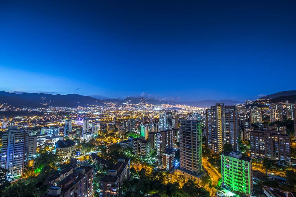 Medellin, Colombia city skyline at night
